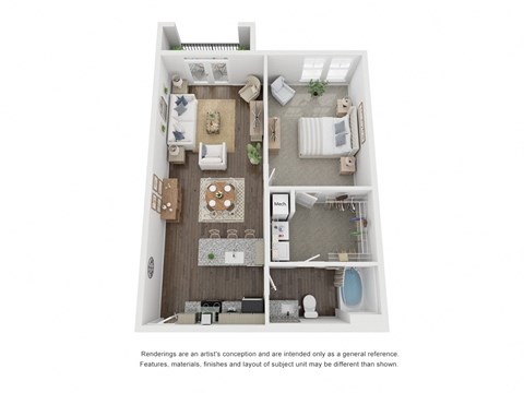 Floor plan for 1 bed, 1 bath, 837 sqft